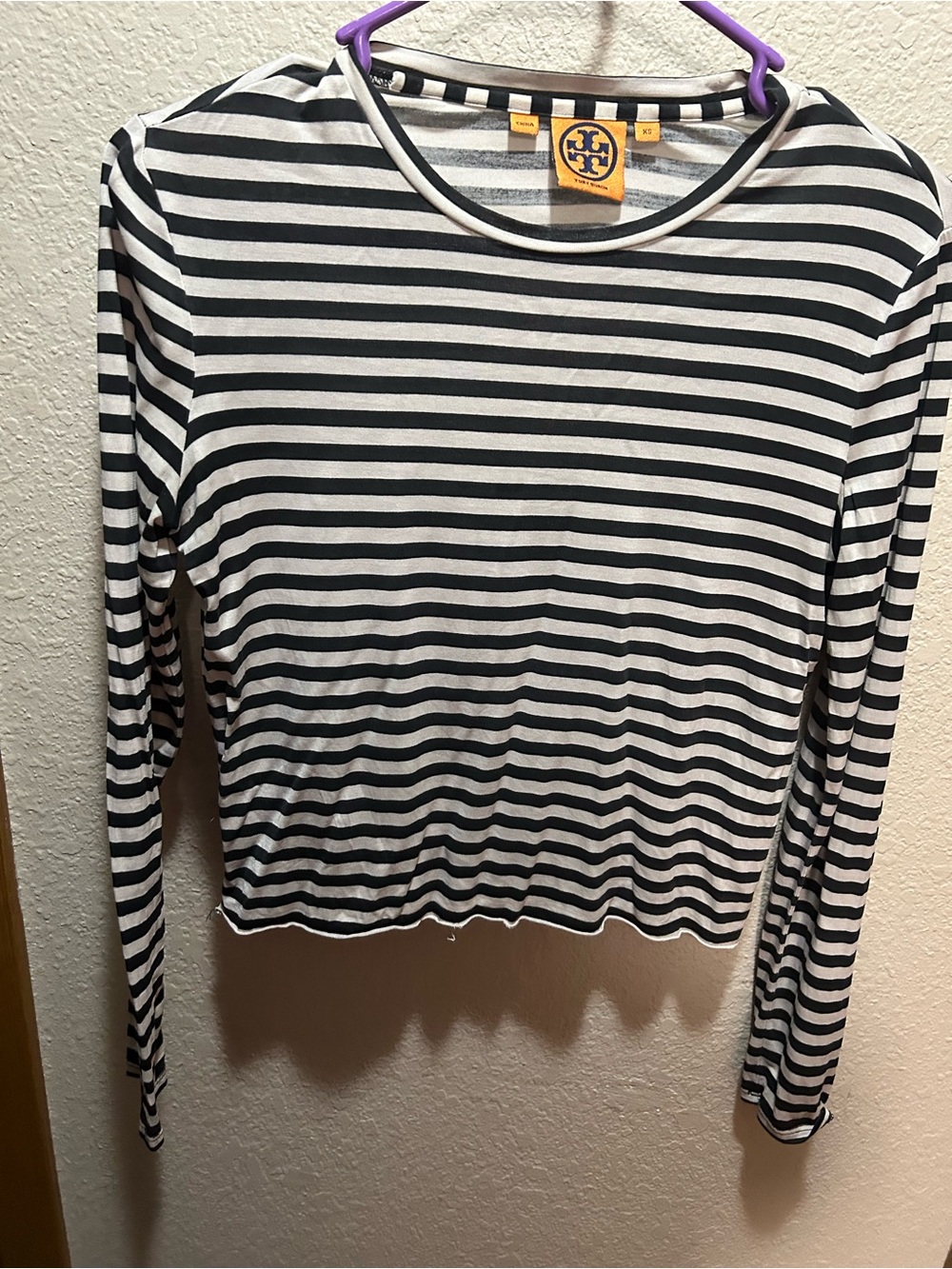 Tory Burch Black and White Striped Long-Sleeve Crop Top
